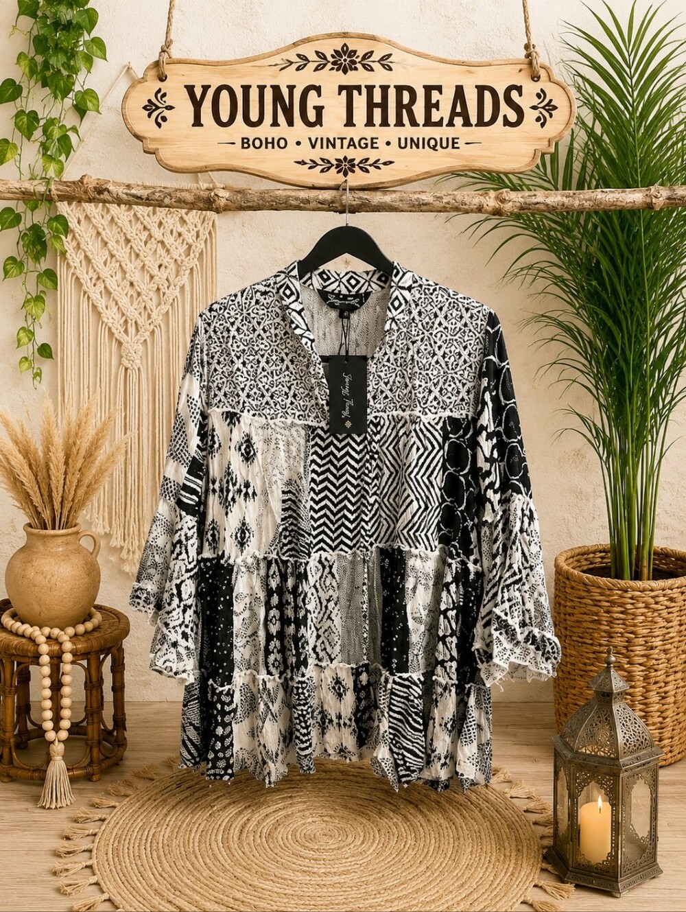 179 Young Threads Black & White Patchwork Boho Tunic